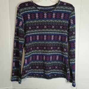Cuddl Duds Patterned Fleecewear Long Sleeve Top - Purple and Black Size Large